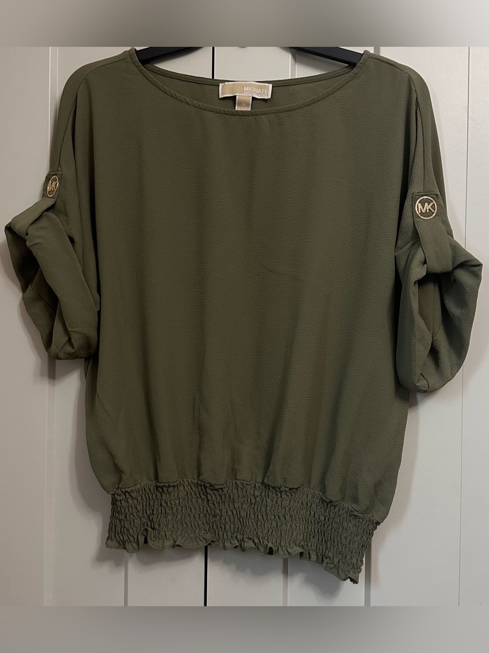 Michael Kors Olive Green Smocked Blouson Blouse Gold MK Logo Sleeve M